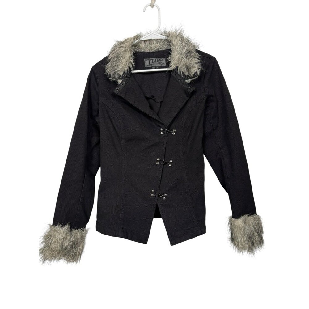 Tripp NYC Jacket Womens L Black Faux Fur Trim Goth Y2K Hook Closure Punk